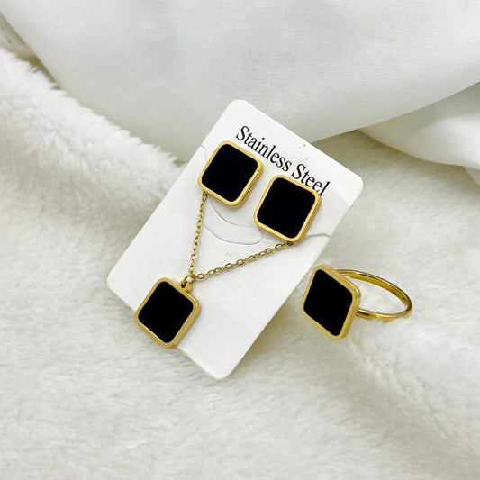 Black Aqeeq Square Earring Pendant Ring Necklace